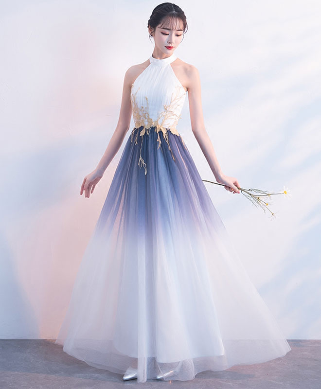 White Tulle Lace Long Prom Dress, White Evening Dress