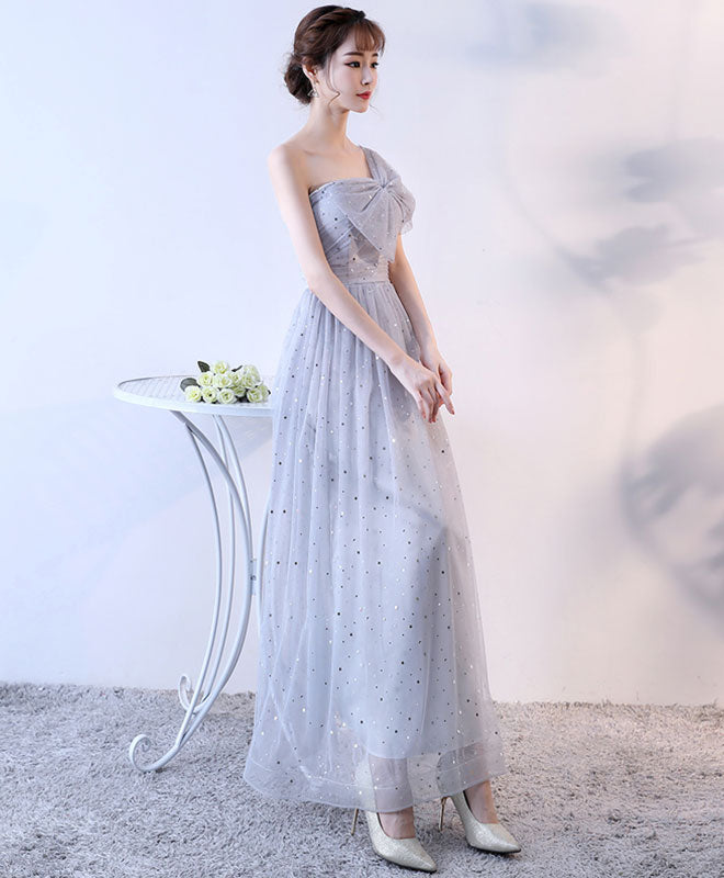 Cute Gray One Shoulder Long Prom Dress, Evening Dress