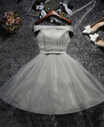 Cute Gray Lace Tulle Short Prom Dress, Gray Homecoming Dress