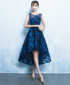 Dark Blue High Low Short Prom Dress, Lace Evening Dress