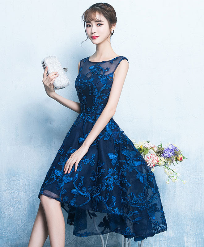 Dark Blue High Low Short Prom Dress, Lace Evening Dress – shopluu