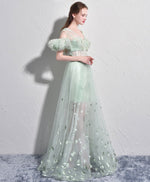 Unique Green Tulle V Neck Long Prom Dress, Green Evening Dress
