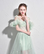 Unique Green Tulle V Neck Long Prom Dress, Green Evening Dress