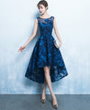 Dark Blue High Low Short Prom Dress, Lace Evening Dress