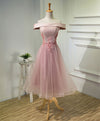Pink A Line Off Shoulder Tea Length Prom Dress, Lace Homecoming Dresses
