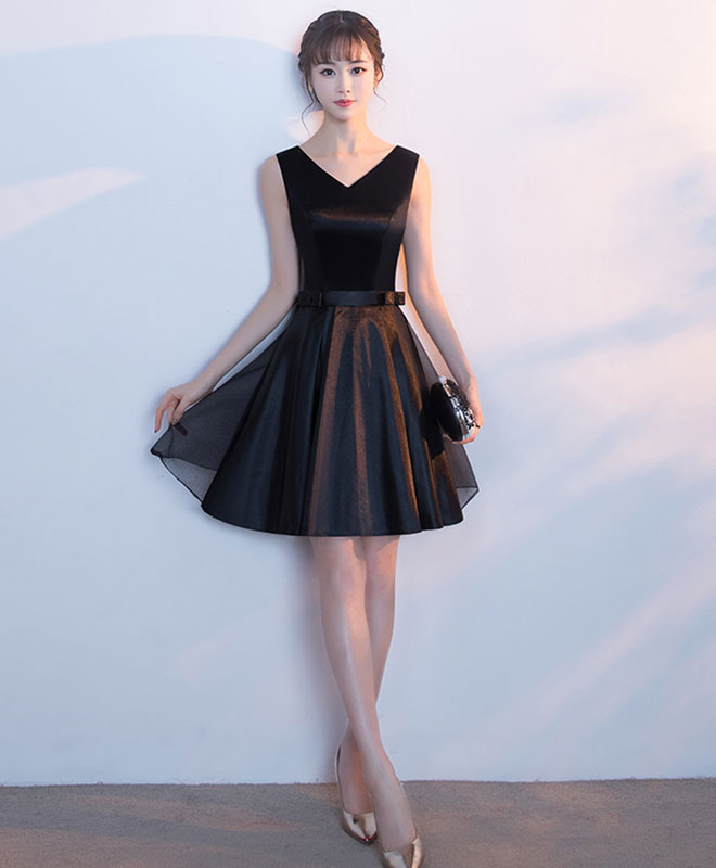 Cute Black V Neck Short Prom Dress With Bow, Homecoming Dress