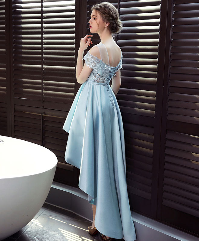 Light Blue Satin Lace Prom Dress, Blue Lace Evening Dress