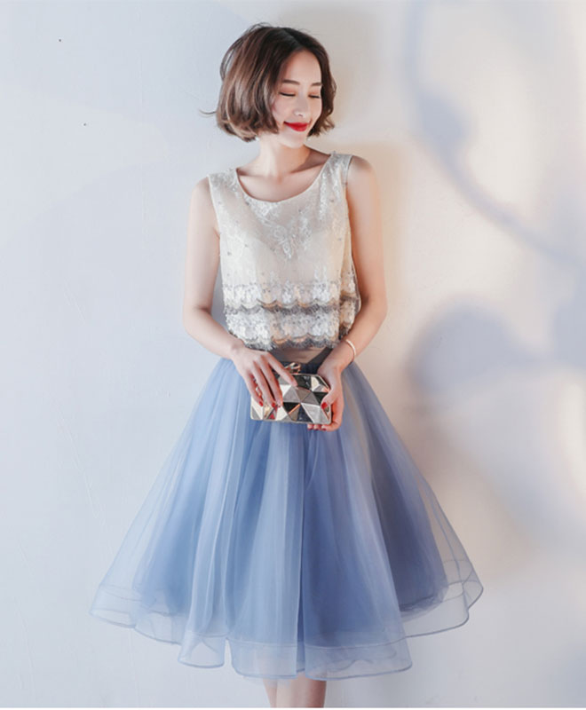 Blue Lace Tulle Knee Length Prom Dress, Blue Lace Homecoming Dress