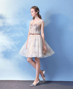 Cute Round Neck Champagne Lace Short Prom Dress, Lace Evening Dress