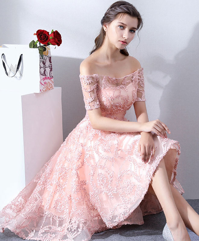 Pink Lace High Low Prom Dress, Lace Evening Dress
