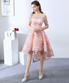 Pink Lace High Low Prom Dress, Lace Evening Dress