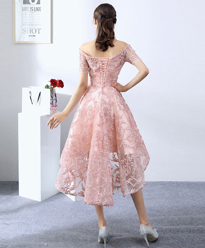 Pink Lace High Low Prom Dress, Lace Evening Dress