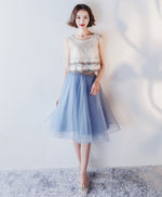Blue Lace Tulle Knee Length Prom Dress, Blue Lace Homecoming Dress