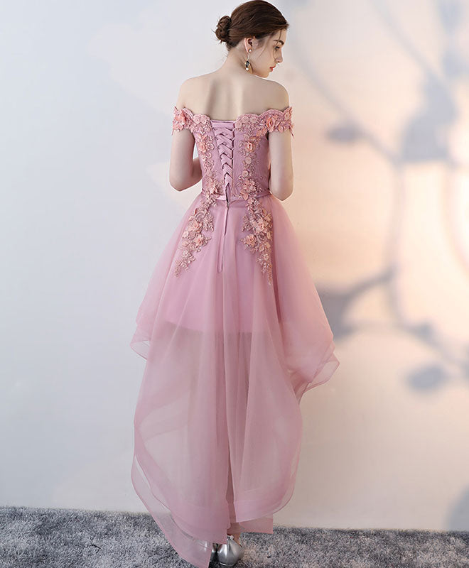 Pink Lace High Low Prom Dress, Pink Homecoming Dress