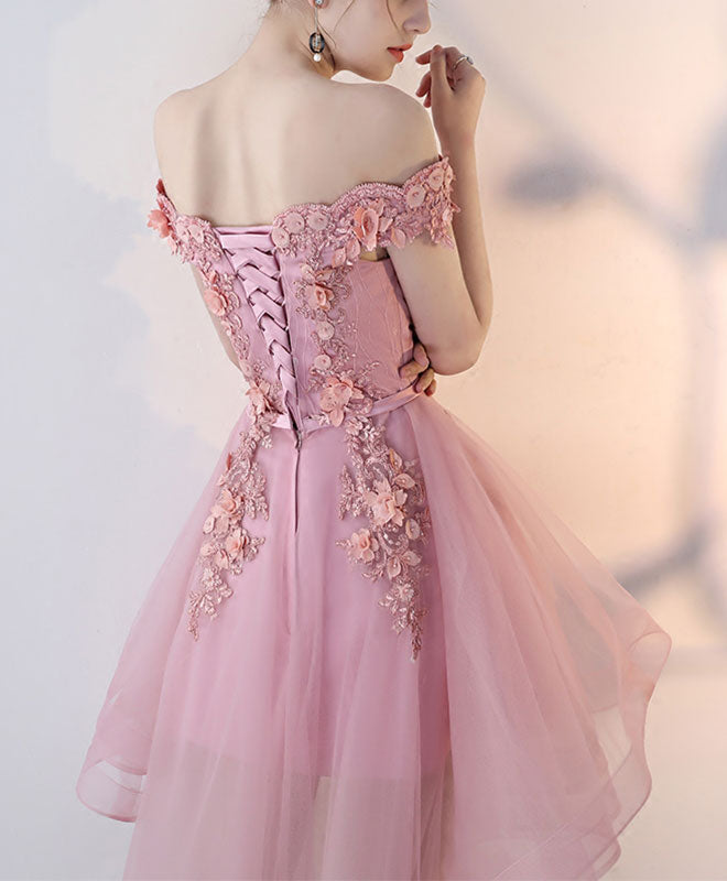Pink Lace High Low Prom Dress, Pink Homecoming Dress