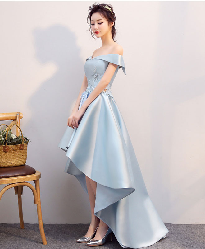 Light Blue High Low Lace Prom Dress, Blue Formal Bridesmaid Dress – shopluu