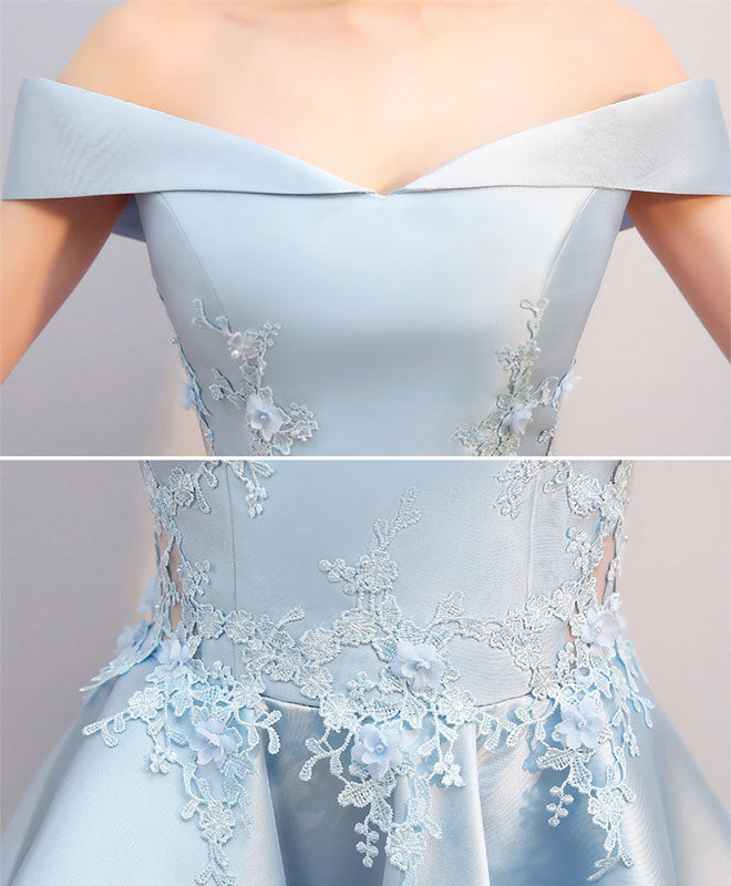 Light Blue High Low Lace Prom Dress, Blue Formal Bridesmaid Dress