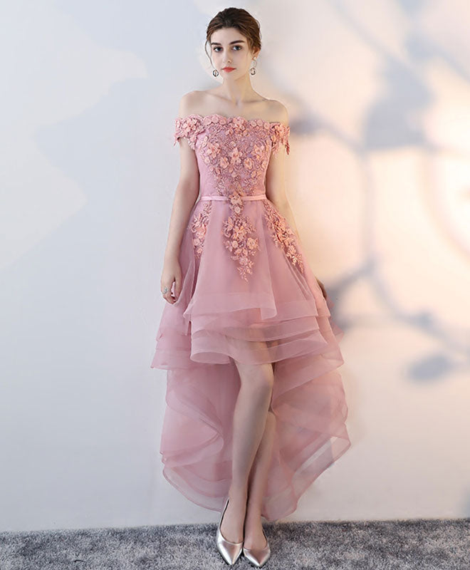 Pink Lace High Low Prom Dress, Pink Homecoming Dress