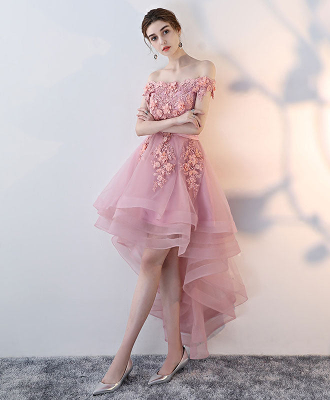 Pink Lace High Low Prom Dress, Pink Homecoming Dress