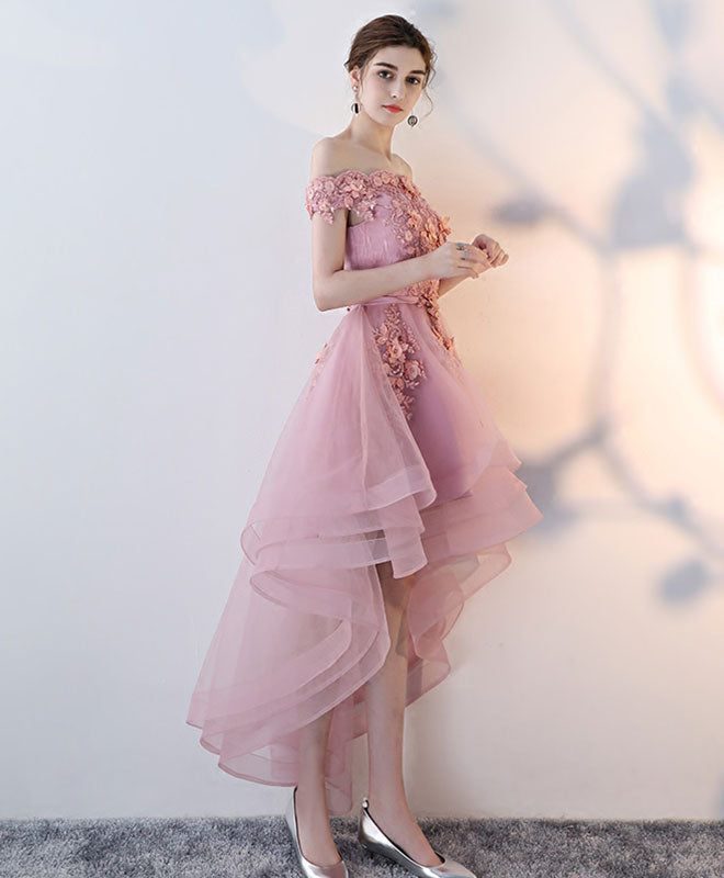Pink Lace High Low Prom Dress, Pink Homecoming Dress