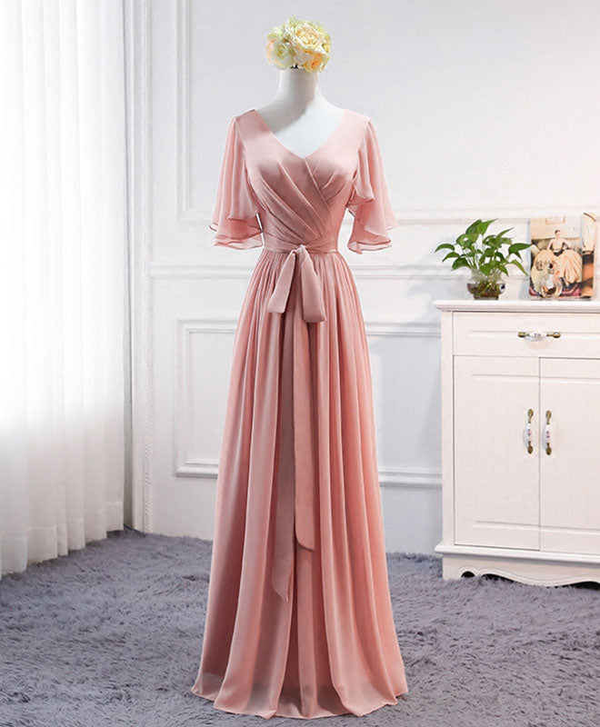 Simple V Neck Chiffon Long Prom Dress, Bridesmaid Dress