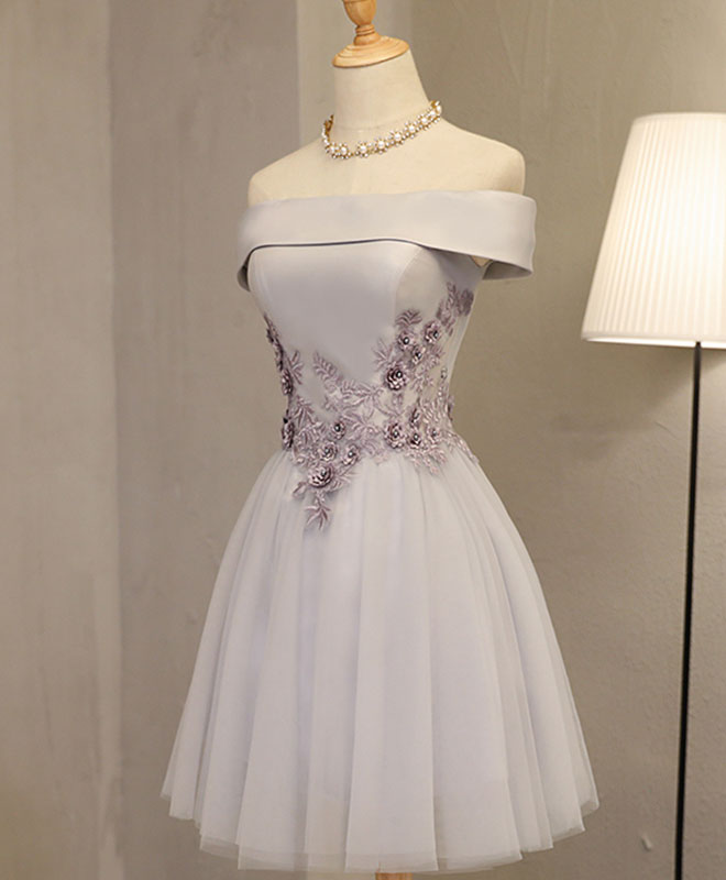 Gray A Line Off Shoulder Knee Length Prom Dress, Lace Homecoming Dresses US 6 / Gray Gray A Line Off Shoulder Knee Length Prom Dress, Lace Homecoming Dresses US 6 / Gray