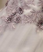 Gray A Line Off Shoulder Tea Length Prom Dress, Lace Homecoming Dress