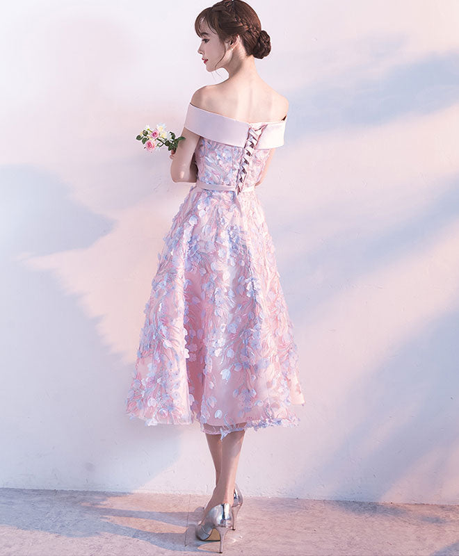 Cute Pink Lace Short Prom Dress, Pink Evening Dress