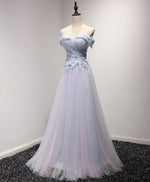 Light Blue Tulle Lace Long Prom Dress, Lace Evening Dress