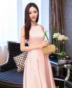 Simple Pink Satin Tea Length Prom Dress, Pink Homecoming Dresses