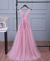 Pink V Neck Lace Tulle Long Prom Dress, Lace Evening Dresses