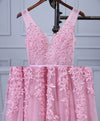 Pink V Neck Lace Tulle Long Prom Dress, Lace Evening Dresses