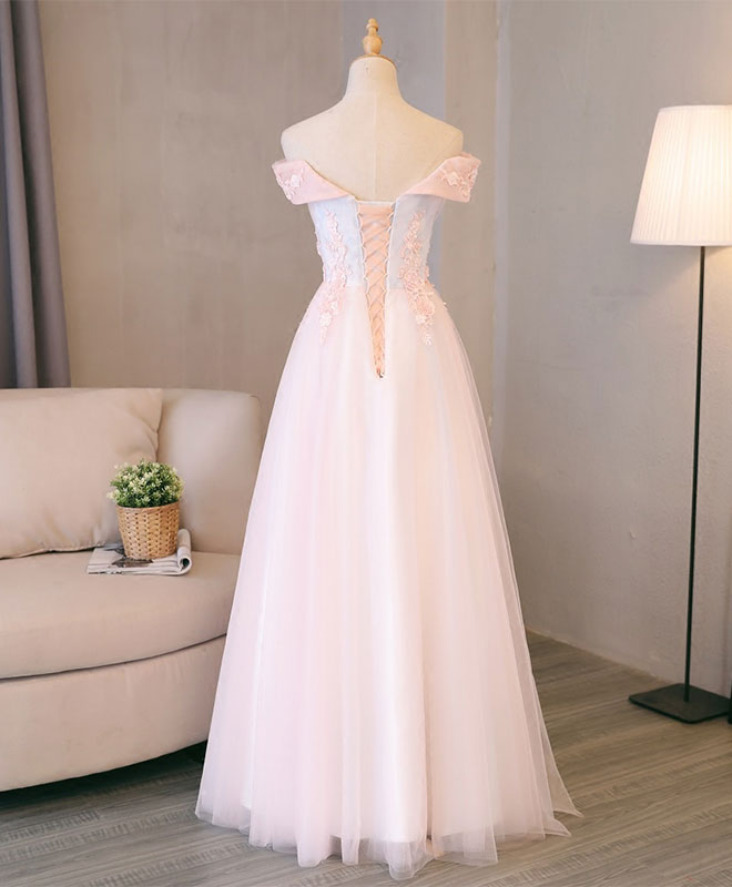 Light Pink Lace Off Shoulder Long Prom Dress, Pink Evening Dress