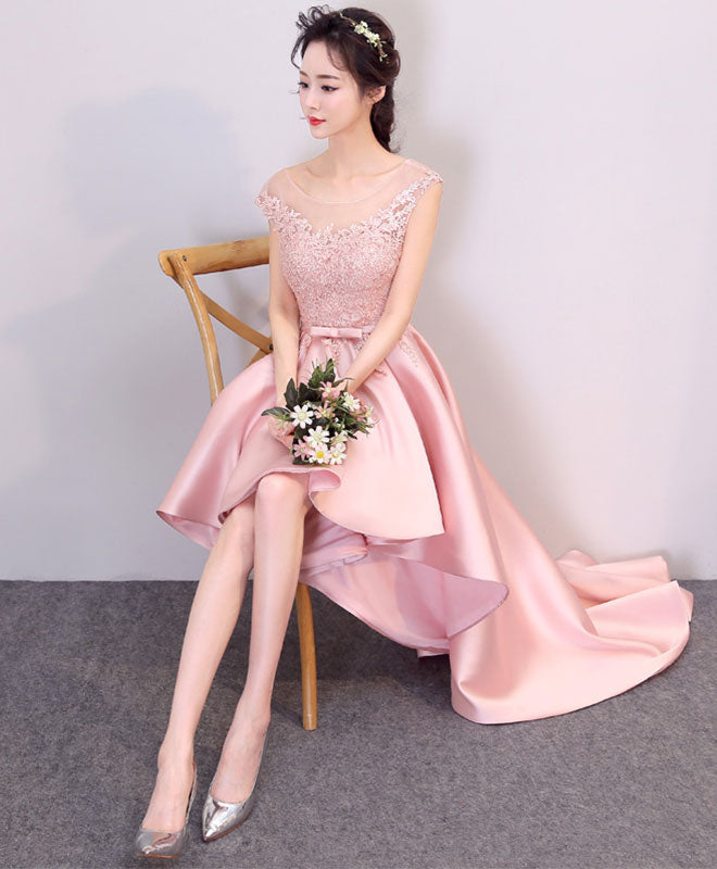 Pink High Low Lace Prom Dress, Pink Formal Bridesmaid Dress – shopluu