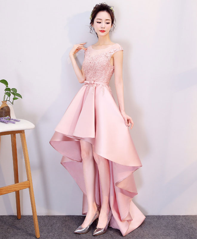Pink High Low Lace Prom Dress, Pink Formal Bridesmaid Dress – shopluu