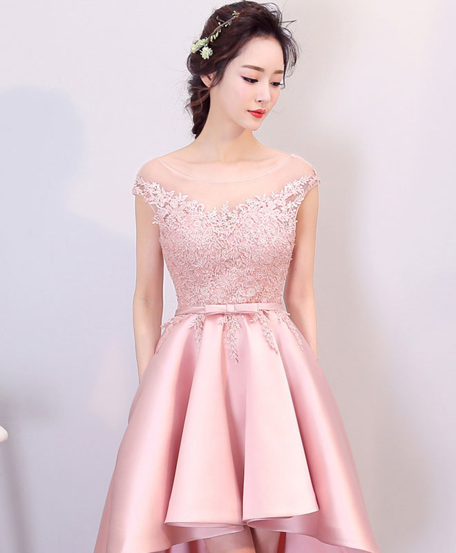 Pink High Low Lace Prom Dress, Pink Formal Bridesmaid Dress – shopluu