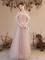 A Line Pink Long Prom Dresses, Off Shoulder Pink Formal Dress with Beading Flowers