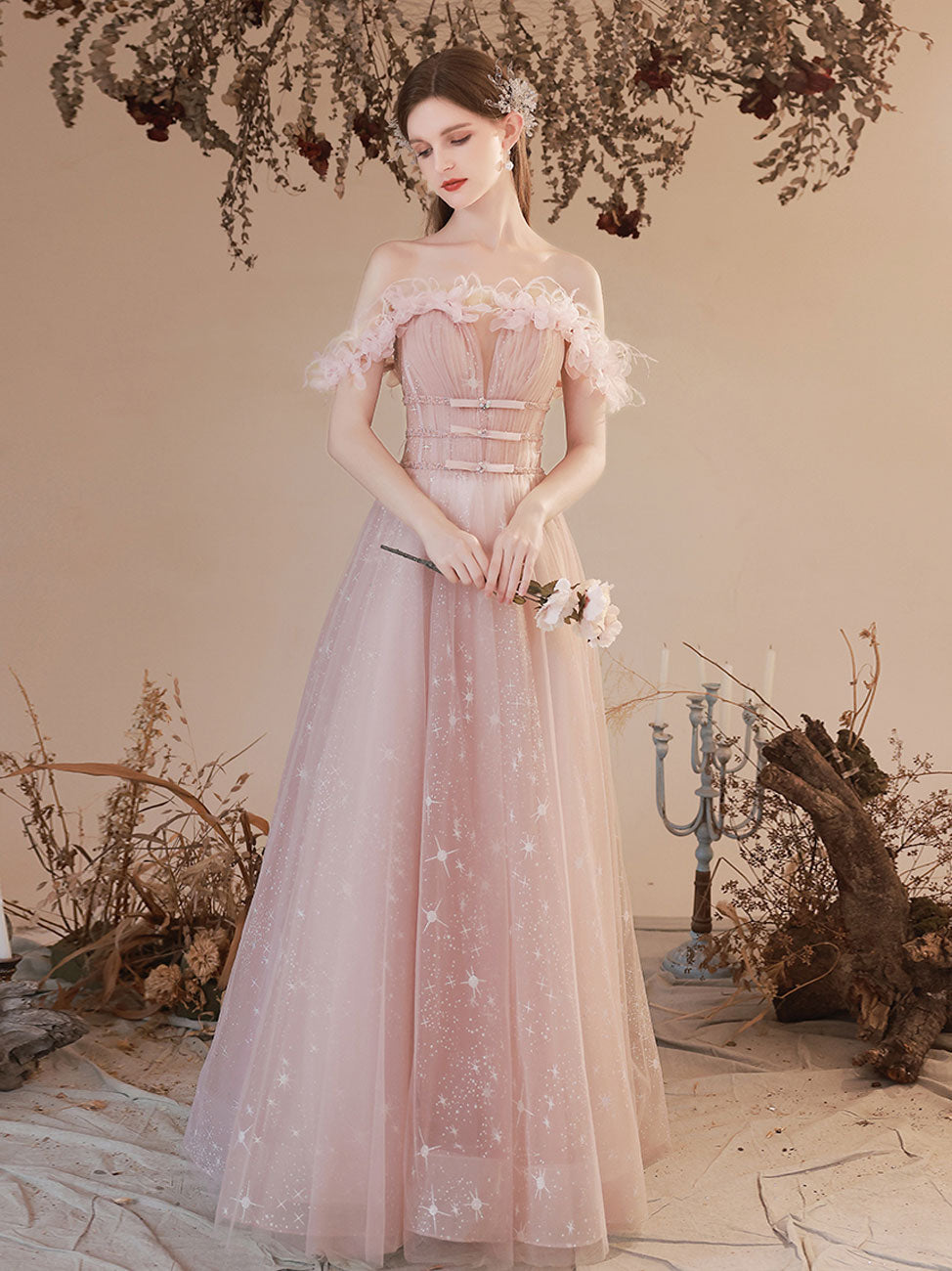 A Line Pink Long Prom Dresses, Off Shoulder Pink Formal Dress with Beading Flowers US 4 / Pink(As Picture)