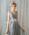Blue V Neck Tulle Lace Long Prom Dress, Evening Dress
