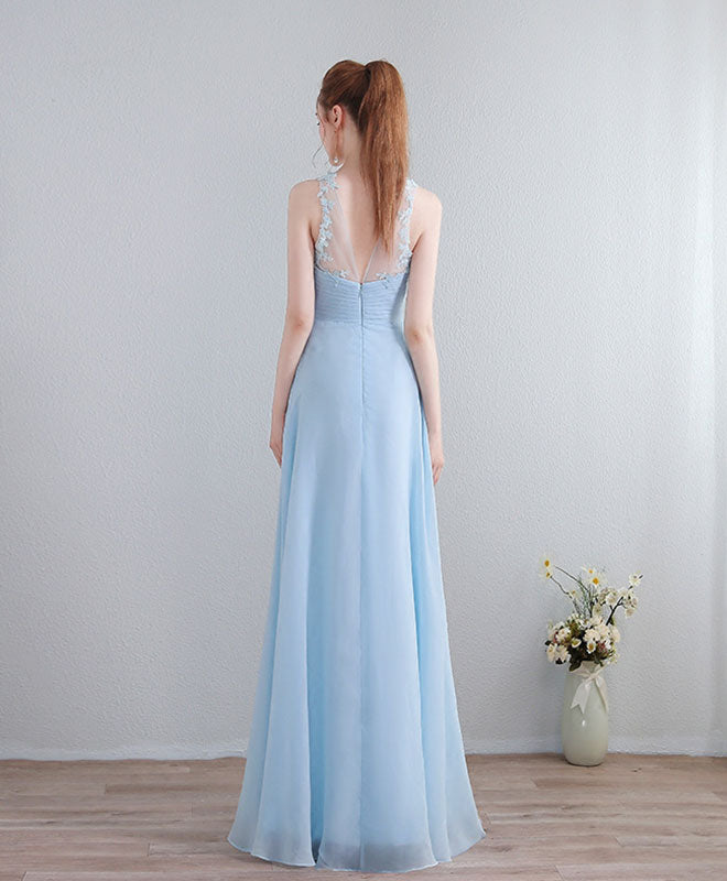Light Blue V Neck Long Prom Dress, Lace Evening Dress