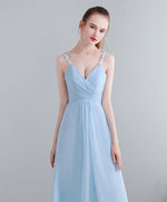 Light Blue V Neck Long Prom Dress, Lace Evening Dress