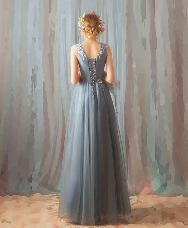 Blue V Neck Tulle Lace Long Prom Dress, Evening Dress