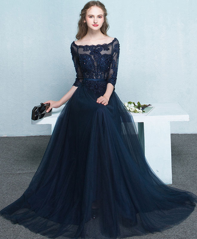 Dark Blue Lace Long Prom Dress, Long Sleeve Evening Dress US 10 / Blue