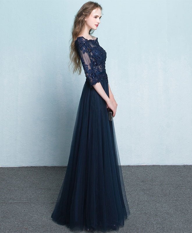 Dark Blue Lace Long Prom Dress, Long Sleeve Evening Dress – shopluu