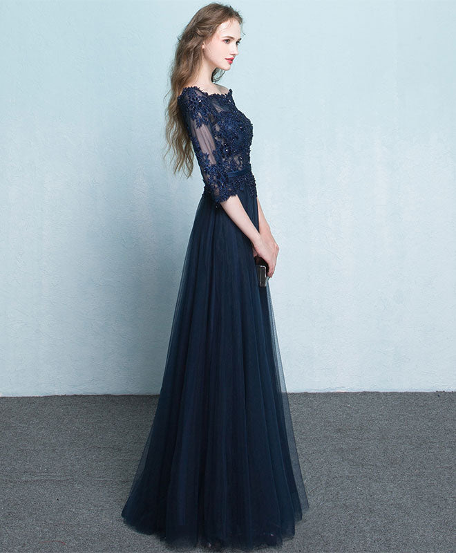 Dark Blue Lace Long Prom Dress, Long Sleeve Evening Dress