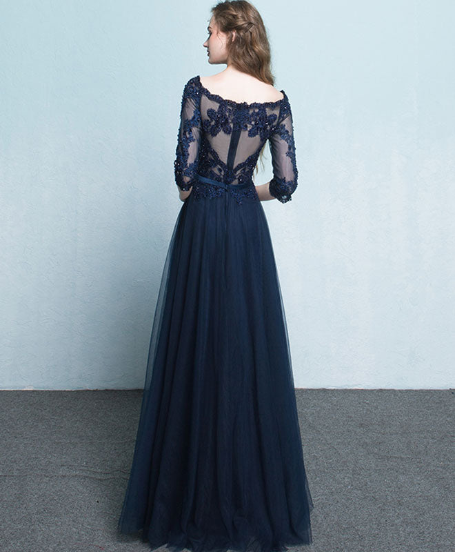 Dark Blue Lace Long Prom Dress, Long Sleeve Evening Dress