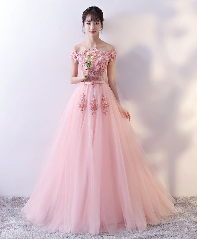 Pink Tulle Lace Long Prom Dress, Lace Evening Dress