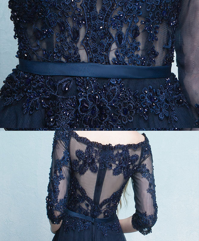 Dark Blue Lace Long Prom Dress, Long Sleeve Evening Dress