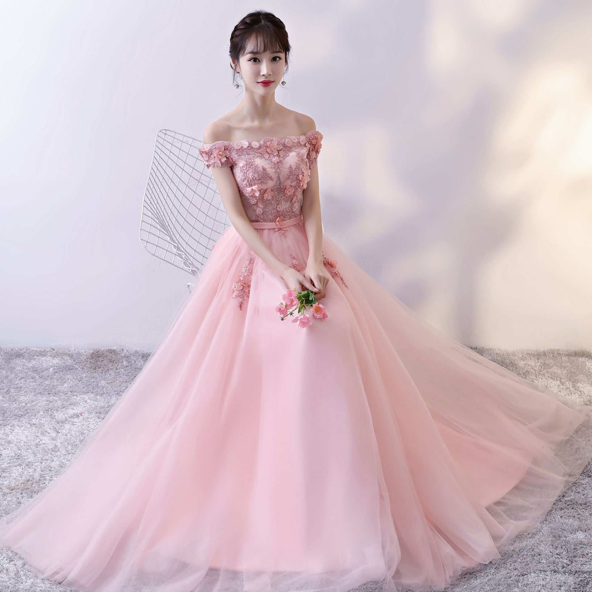 evening gown dress Pink Tulle Lace Long A-Line Prom Dresses, Pink Evening Dresses US 8 / Pink