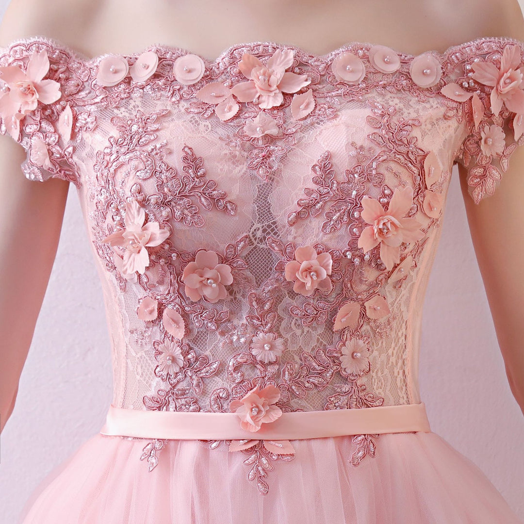 Pink Tulle Lace Applique Long Prom Dress, Burgundy Lace Evening Dress   shopluu